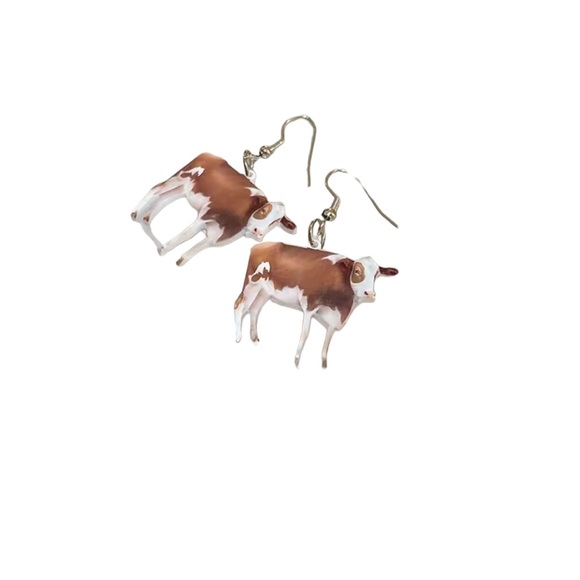 Brown and White Cow Drop Earrings - Picture 4 of 5